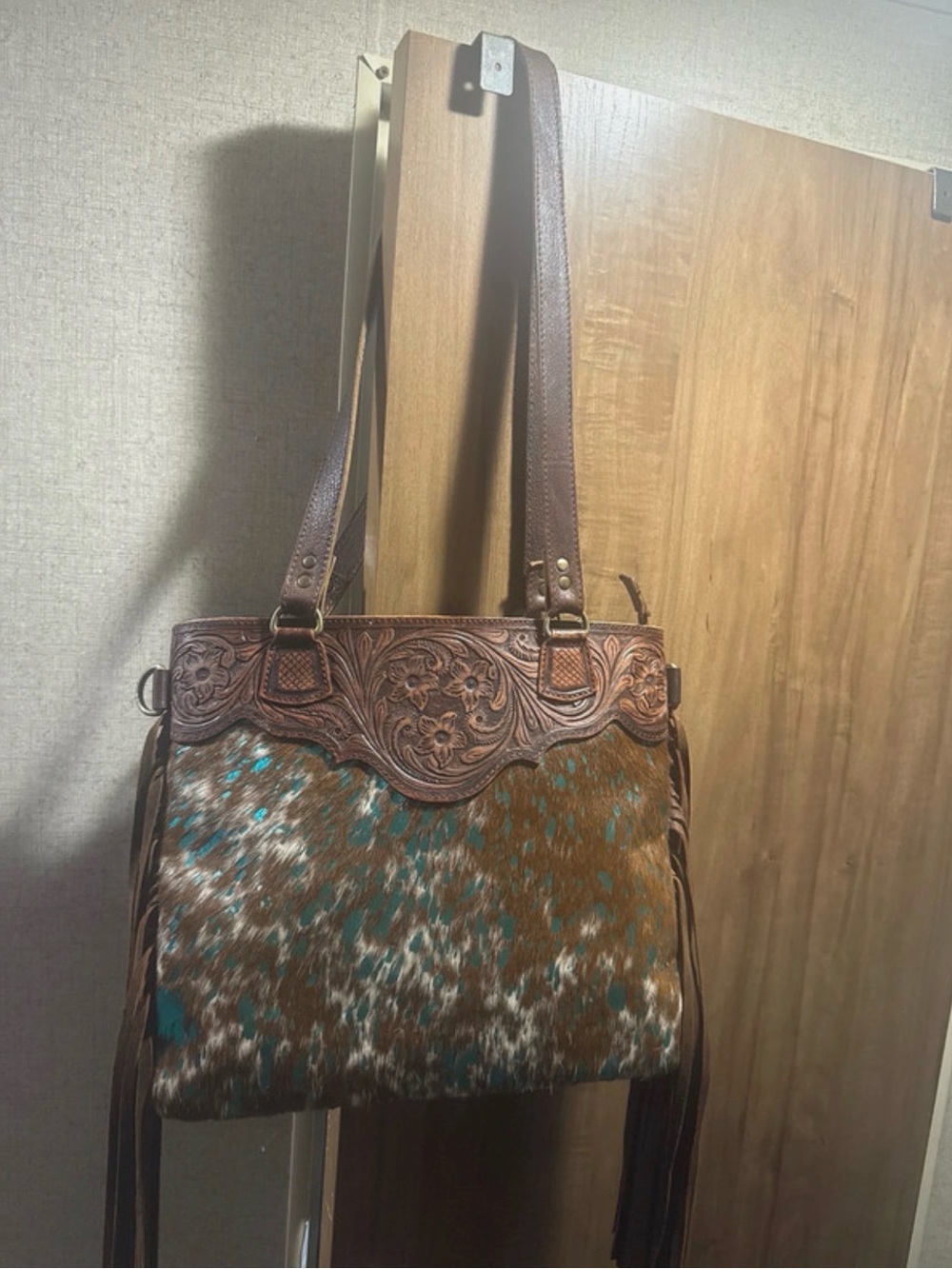 American Darling Tooled Leather Fringe Shoulder Bag in Brown and Teal